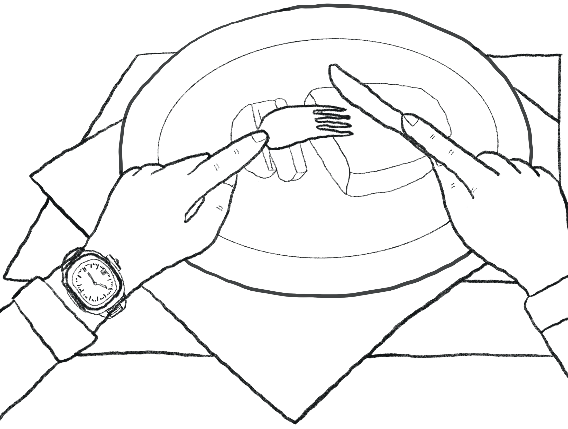Hands cutting meat (line art).